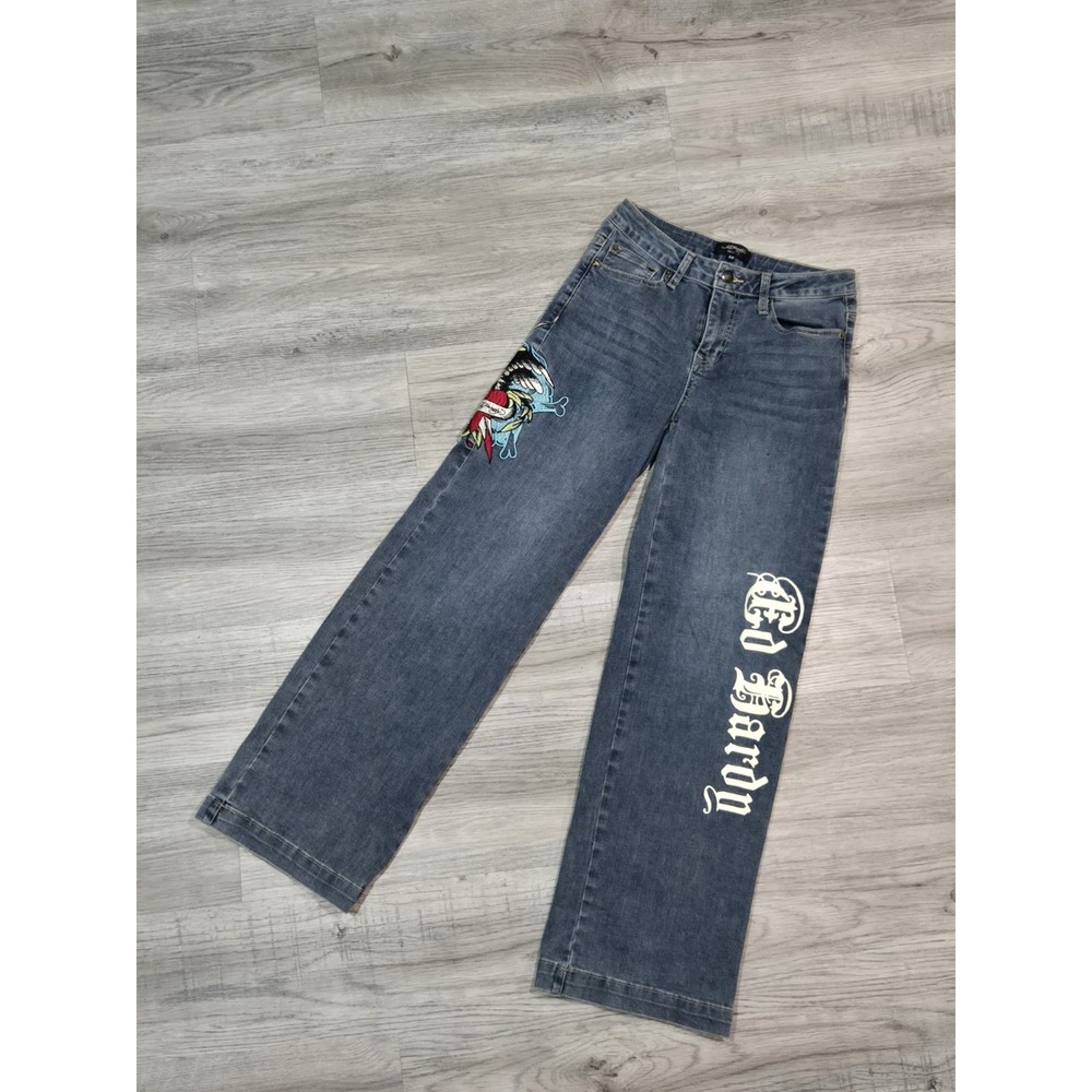 🔥Ed Hardy Embroidered Straight Blue Denim Womens Jeans Size 26 Regular 5-Pocket